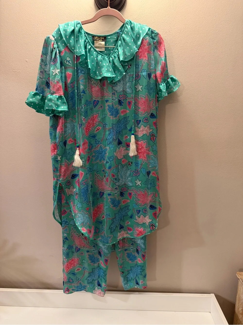 Vintage 80s Diane Freis Lingerie 2 Piece Set Georgette Tunic & Pants Aqua Teal